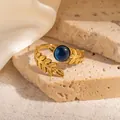 French vintage gold stainless steel adjustable ring with blue natural stone decoration - Leaf Texture Blue Stone Adjustable Style (TYR1139)
