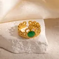 Vintage French style crown ring in gold with a green stone center, adjustable stainless steel. - Crown Design Green Cat's Eye Adjustable Style (TYR1349)