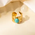 Vintage gold leaf stainless steel adjustable ring with turquoise stone inlay - Leaf Texture Turquoise Adjustable Style (TYR1499)