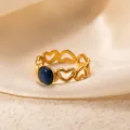 French style vintage gold stainless steel heart hollow ring with round blue cat-eye stone - Openwork Heart Deep Blue Stone Adjustable Style (TYR1023)