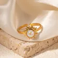 Vintage gold sun ring in stainless steel with colorful opal-like stone detail - Sunburst Iridescent Stone Adjustable Style (TYR1039)