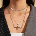 Stylish silver-toned multi-layered necklace set with heart and heartbeat wave pendants - 3-Layer Heart ECG Pendant Style (957)