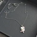 Zierliche silberne Edelstahlhalskette mit süßem Katzenanhänger und funkelndem Zirkonia - Rosa Katzen-Halskette N0348