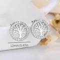 Detailed view of S925 sterling silver Tree of Life stud earrings with sparkling cubic zirconia - Silver