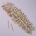 Elegant iridescent crystal wedding hair vine with two matching golden hair pins. - Luxury Premium Headband HS-J7144GAB