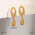 Elegant French style gold stainless steel pearl drop earrings with size details - Oval Surrounded Artificial Pearl Drop (BJGE2299)