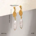 Detail of stainless steel leaf earrings with elegant baroque pearls and size guide. - Hollow Leaf Baroque Artificial Pearl Drop (BJGE2300)