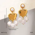 Detail view of heart-shaped stainless steel earrings with baroque pearls and dimensions - Heart Design Metal Artificial Pearl Earring (BJGE2301)