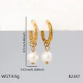 Elegant French style stainless steel gold hoop earrings featuring round white pearl pendants - Golden Hoop Artificial Pearl Earring (BJGE2347)