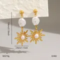Elegant stainless steel baroque pearl earrings featuring a sun pendant in gold finish - Sun Design Baroque Artificial Pearl Drop (BJGE2402)