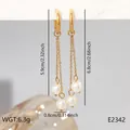 Gold stainless steel chain drop earrings with white pearl beads and dimensions - Multi-Chain Artificial Pearl Ear Hook (BJGE2342)