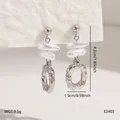 Elegant stainless steel drop earrings with white pearls and textured silver rings - Hammered Ring Baroque Artificial Pearl Drop (BJGE2403)