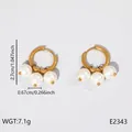 Elegant stainless steel gold hoop earrings decorated with three lustrous white pearls. - Polished Hoop Row Artificial Pearl Earring (BJGE2343)