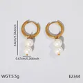 Gold stainless steel hoop earrings with double pearl drops and size measurements - Vertical Double Artificial Pearl Hoop (BJGE2344)
