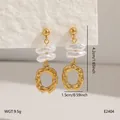 Elegant gold-plated stainless steel earrings with baroque pearls, 4.2cm length. - Hammered Oval Ring Baroque Artificial Pearl (BJGE2404)