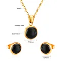 Détail de l'ensemble de bijoux en acier doré avec pierres oeil-de-chat noires et mesures. - SE229702G (Œil de chat noir)