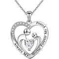 Detailed view of 316L stainless steel heart pendant with mother and child engraving - White Gold