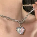 Sweet and cool dopamine style necklace with pink and white heart pendant and zirconia - Double Layer Split Color Heart Style (5669002)