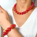 Vibrant dopamine style pink gradient acrylic beaded necklace and matching bracelet set - Magic Rose Red(32990)