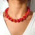Vibrant hot pink and orange acrylic beaded necklace with shiny crackle texture beads - Magic Rose Red(32990-Necklace)