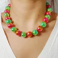 Vibrant dopamine-style acrylic beaded necklace with candy-colored crackle bead finish - Magic Pink Orange(32990-Necklace)