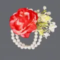 Elegant red rose wedding wrist corsage featuring a double-strand white pearl bracelet - Red Artificial Flower Evening Bracelets