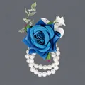 Elegant blue rose wrist corsage featuring a double-strand pearl bracelet for weddings - Blue Artificial Flower Banquet Bracelets
