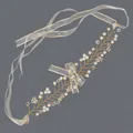 Elegant handmade gold wire wrist corsage with white pearls and silver mesh ribbon - Gold Leaves & Pearl Bracelets