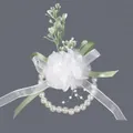 Elegant white flower wrist corsage with pearls and green ribbons for wedding bridesmaid - Forest Style Camellia Bracelets