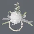 Elegant white mesh wrist flower corsage with green ribbons and faux pearl bracelet - Forest Style Mesh Flower Bracelets