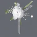 Elegant white fabric flower wrist corsage with green ribbons and pearls for wedding - Forest Style Mesh Flower Corsages