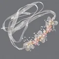 Elegant bridesmaid wrist corsage with pearls and pink flowers on sheer white ribbon - Forest Flower & Pearl Bracelets