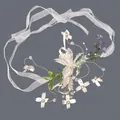 Elegant white floral wrist corsage with long ribbon for wedding bridesmaids and party dresses - Forest Flower & Pearl Photoshoot Bracelets