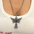 Vintage winged cross pendant necklace with a blue evil eye stone in silver finish - Blue Eye Winged Cross (10083) / Antique Silver