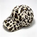 Detailed macro view of a stylish leopard print faux fur baseball cap for winter warmth - Beige / Adult, Hat Circumference 58cm Adjustable