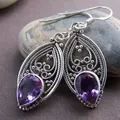 Elegant vintage bohemian teardrop earrings with purple crystals and silver finish - Style J-Oval Frame Drop Stone