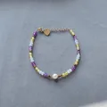 Handgemaakte kralenarmband met natuurlijke zoetwaterparel en gekleurde kristallen - Paars en geel gemengde stijl (Armband 3) / 17+3cm Verstelbaar / Kleurrijk