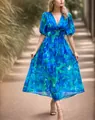 Elegant V-neck floral maxi dress with waist-cinching design and puff sleeves - S / Blue Floral