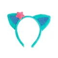 Teal plush cat ear headband with blue glitter center and pink star ornament for Halloween - Sequin Star Headband / Green Mermaid Cat Ears