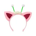 Pink cat ears headband featuring antennae and small white roses for Halloween parties - Antenna Flower Headband / Pink Fairy Cat Ears