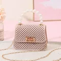 Elegant mini beige jelly handbag featuring a pearl handle and detachable gold chain strap - Apricot