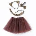 Leopard print cat costume set including ear headband tail bow tie and brown mesh tutu skirt - 4-Piece Set / Brown Leopard Ears 3-Piece Set with Skirt