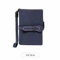 Minimalist women's ink blue PU leather folding short wallet with wristlet strap - Ink Blue