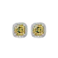 Hip hop style silver stud earrings featuring square yellow cushion-cut stones and clear halo - Yellow Crystal Stud Earrings, Pair