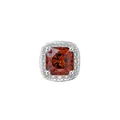 Silver square stud earring featuring a large orange gemstone with halo micro-diamonds - Red Crystal Stud Earring, Single Piece