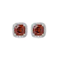 Elegant silver halo earrings with square orange stones and sparkling cubic zirconia. - Red Crystal Stud Earrings, Pair
