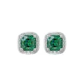 Hip hop style silver square earrings featuring emerald green main stones and halo diamonds - Green Crystal Stud Earrings, Pair