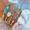 Turquoise beaded bracelet set with ceramic fish and shell charms for summer style - Blue Fish White Shell Seed Bead Layered Style (ZJ14521)