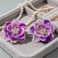Elegant purple double-layered acrylic flower earrings with detailed hand-sewn petals - Double Layer Petal Earrings (WEH6108) / One Pair / Purple