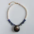 Elegant handmade necklace with white pearls, blue stones, and a large shell pendant - Artificial Pearl and Lapis Lazuli Shell Necklace (25B8) / 38+5cm / Blue